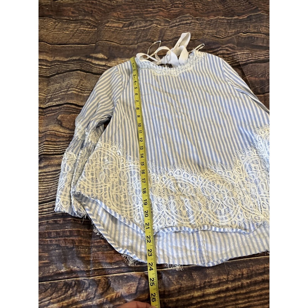 Zara Woman Blue White Lace Trim Flared 3/4 Bell Sleeve Top Size Small Romantic - Picture 5 of 7